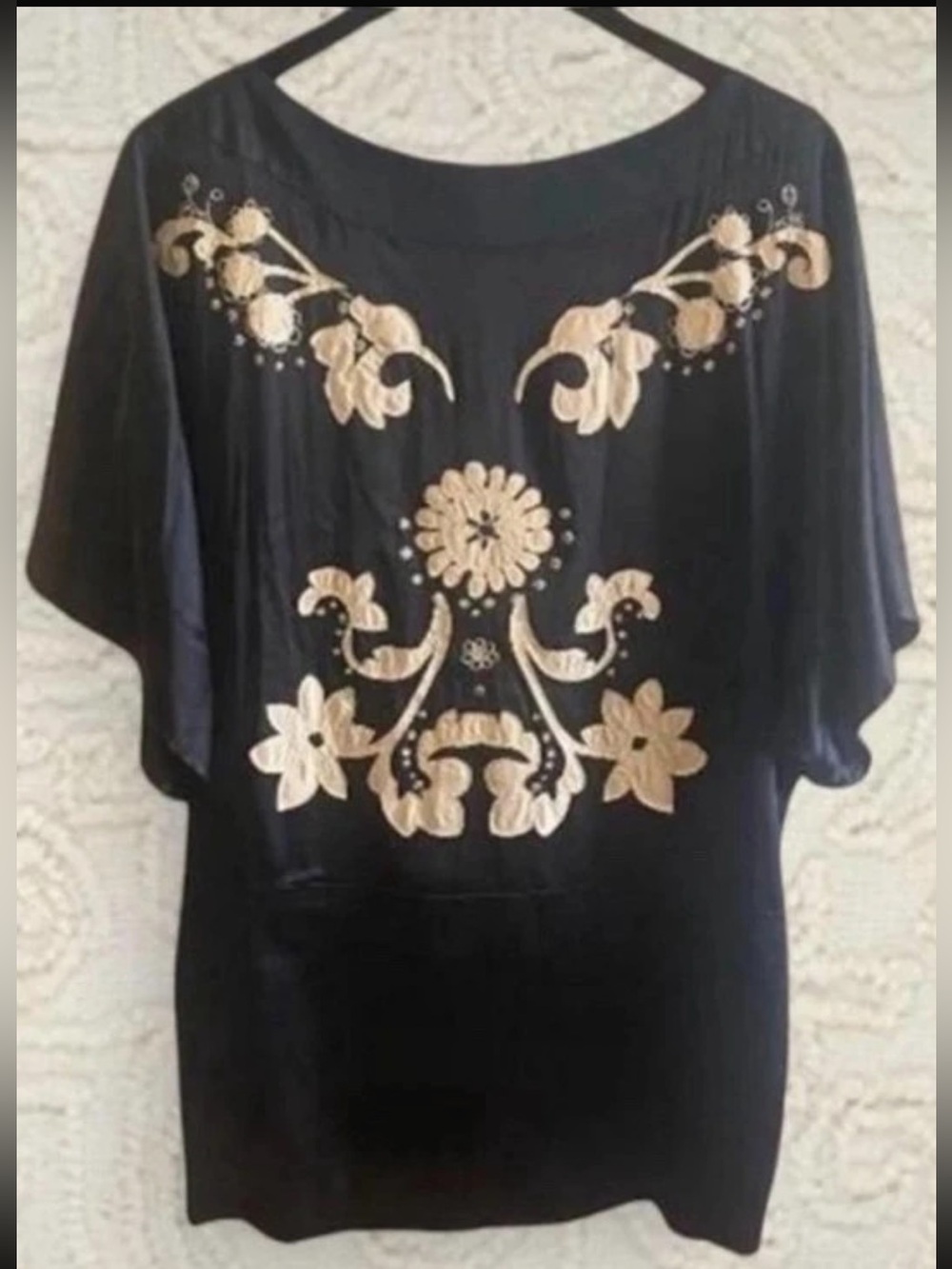 GUESS by Marciano Black Tan Floral Embroidered Kimono Slv Tunic/Mini Dress Large